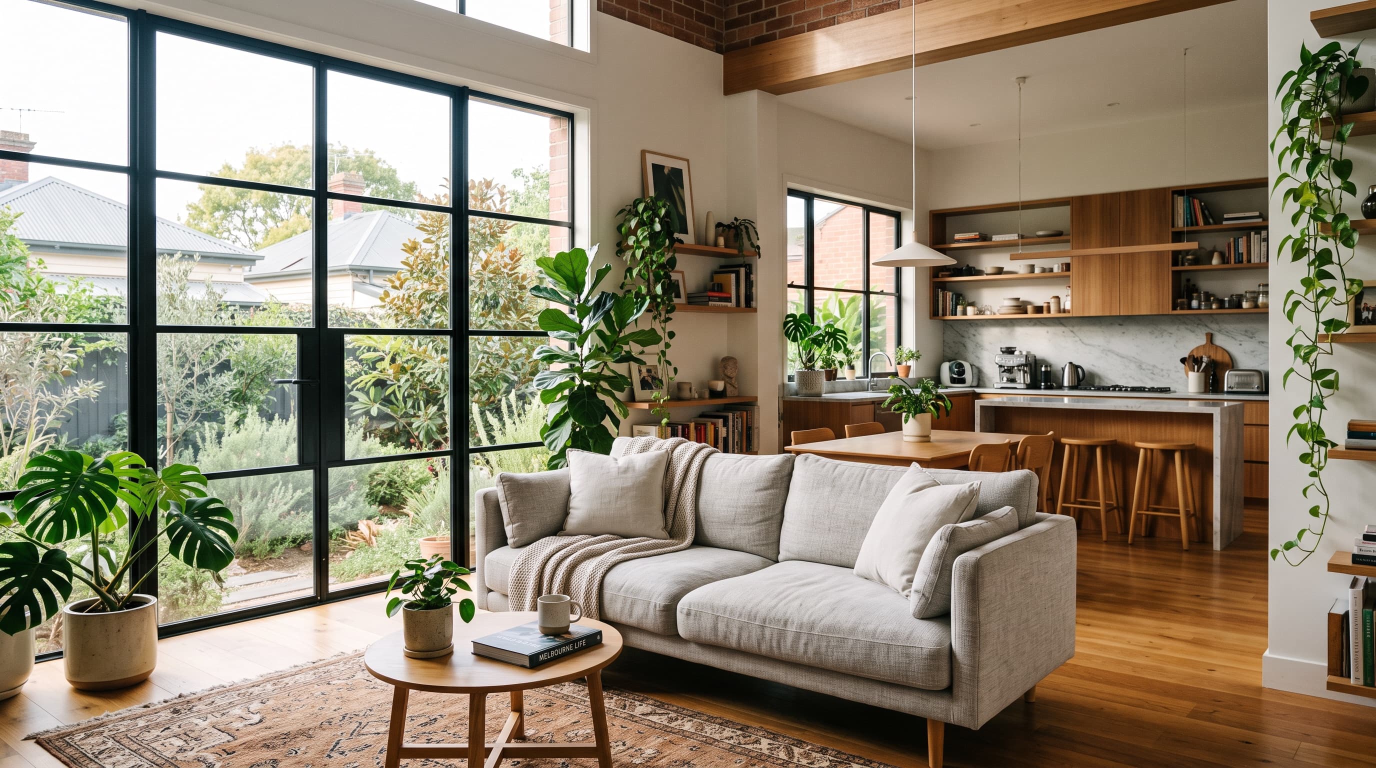 A sunlit Melbourne share-house living room